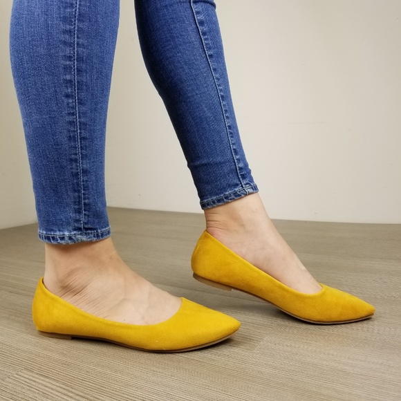 Mustard Yellow Vegan Suede Pointy Toe Flat Shoes - Picture 2 of 8